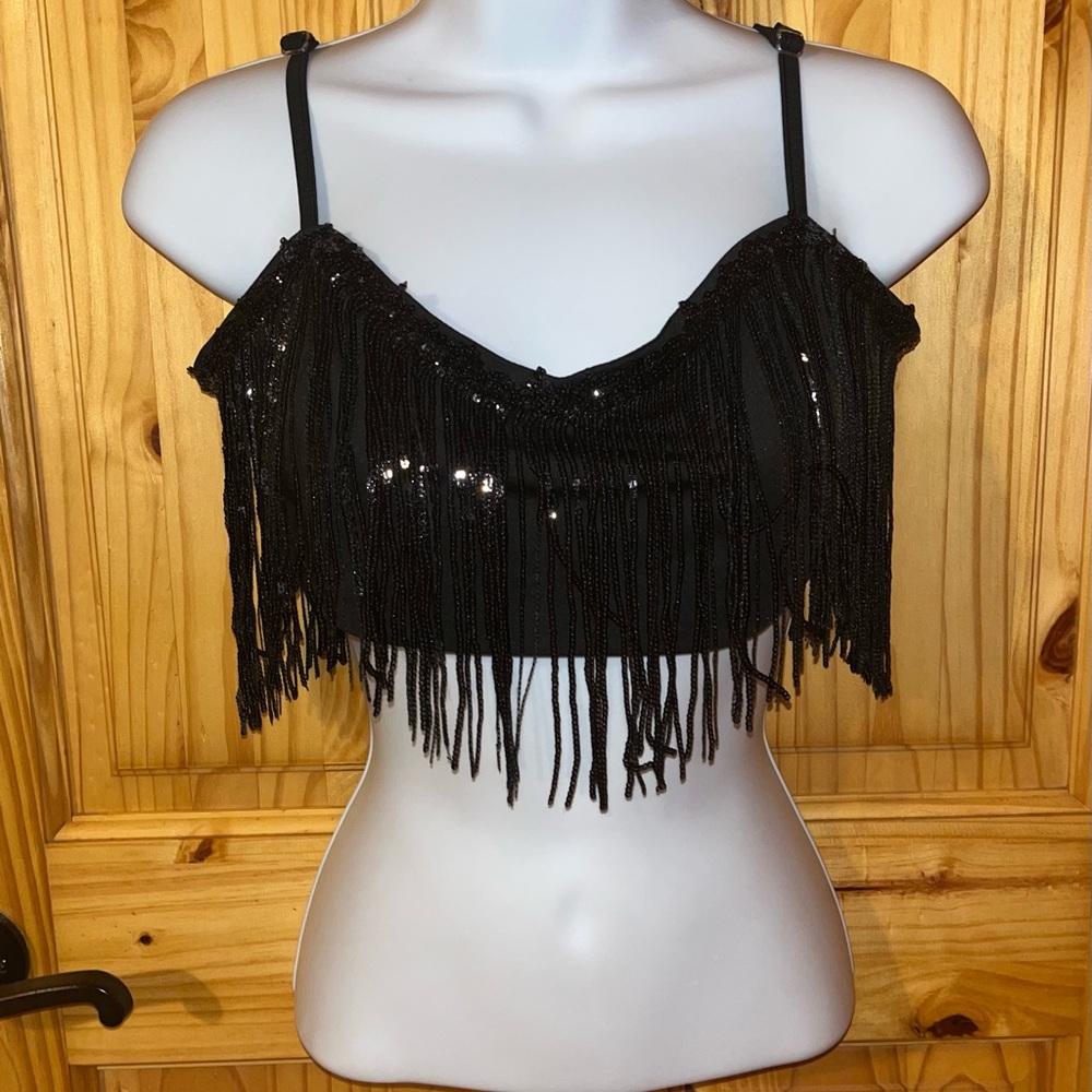 Black Fringe Sequin Crop Top